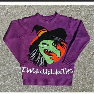 Y2K Witchy Halloween Horror Print Knitted Crew Neck Sweater Small Purple